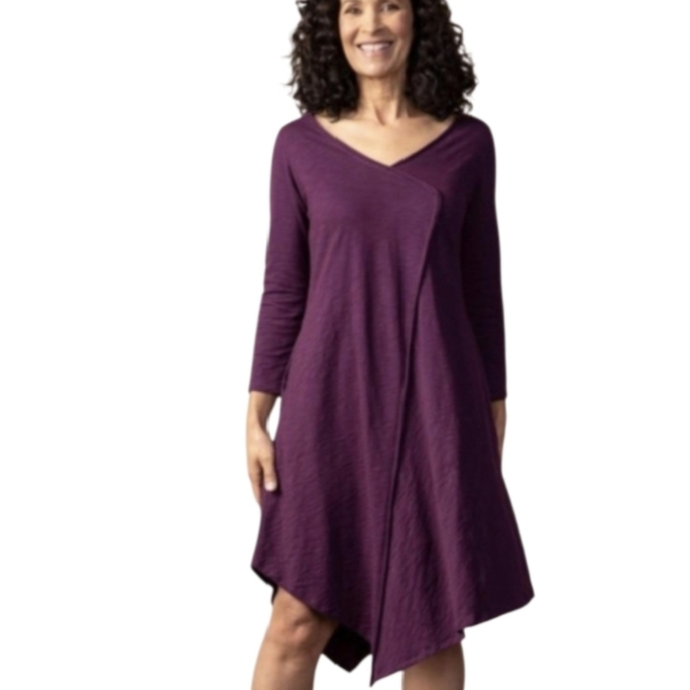 Modest Habitat S Pebble Dress Plum Purple Lagenlook Midi Dress 3/4 Long Sleeve
